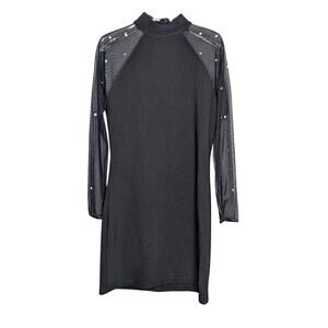 Carabella Vintage 90's Black Long Mesh Sleeve Mini Dress Bodycon Rhinestones